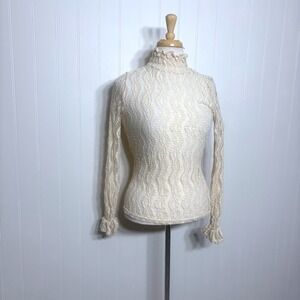 Cream Lace Mock Neck Top Sheer Romantic Victorian Y2K Fairy Core Stretch